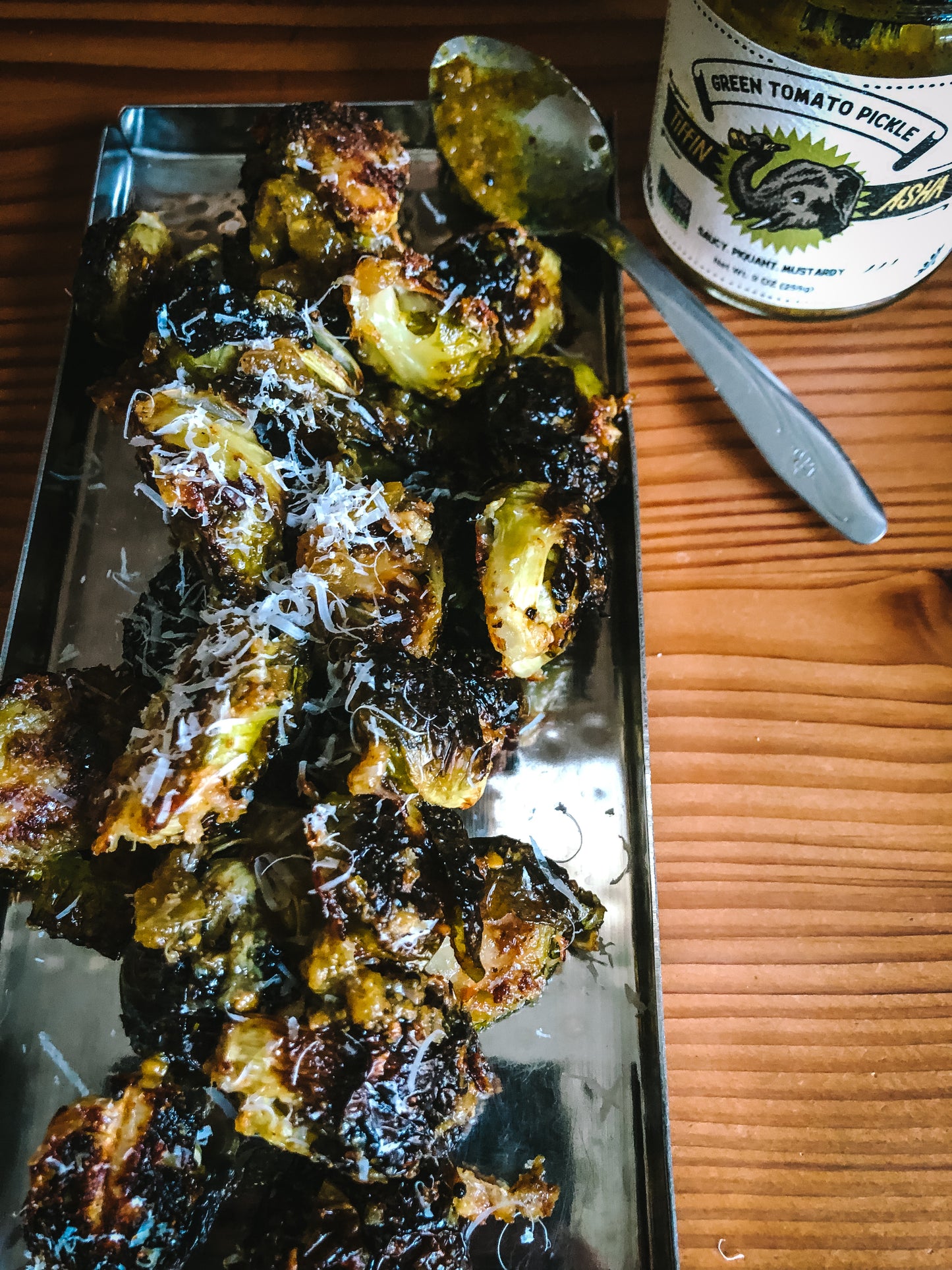 Quick Parmesan Crusted Brussel Sprouts with Green Tomato Pickle